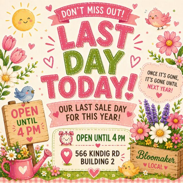 Last day—this is it! 🌸

We’re open until 4 PM today, then the sale is officially over for the year.

Come by before it’s all gone📍 566 Kindig Rd, Building 2, Waynesboro VA