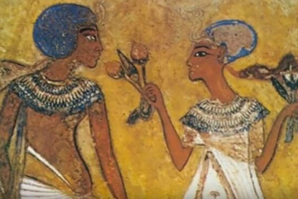 Egyptian drawing of woman giving a floral gift depictend on a wall painting