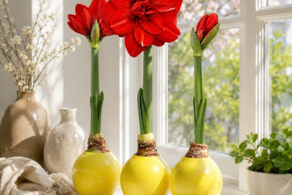 The Bloomaker™ Ball hydroponic amaryllis growing vessel with colorful blooms, unique Father's Day gift for dads who have everything