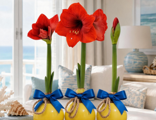 The Bloomaker™ Ball in Yellow with blue ribbon