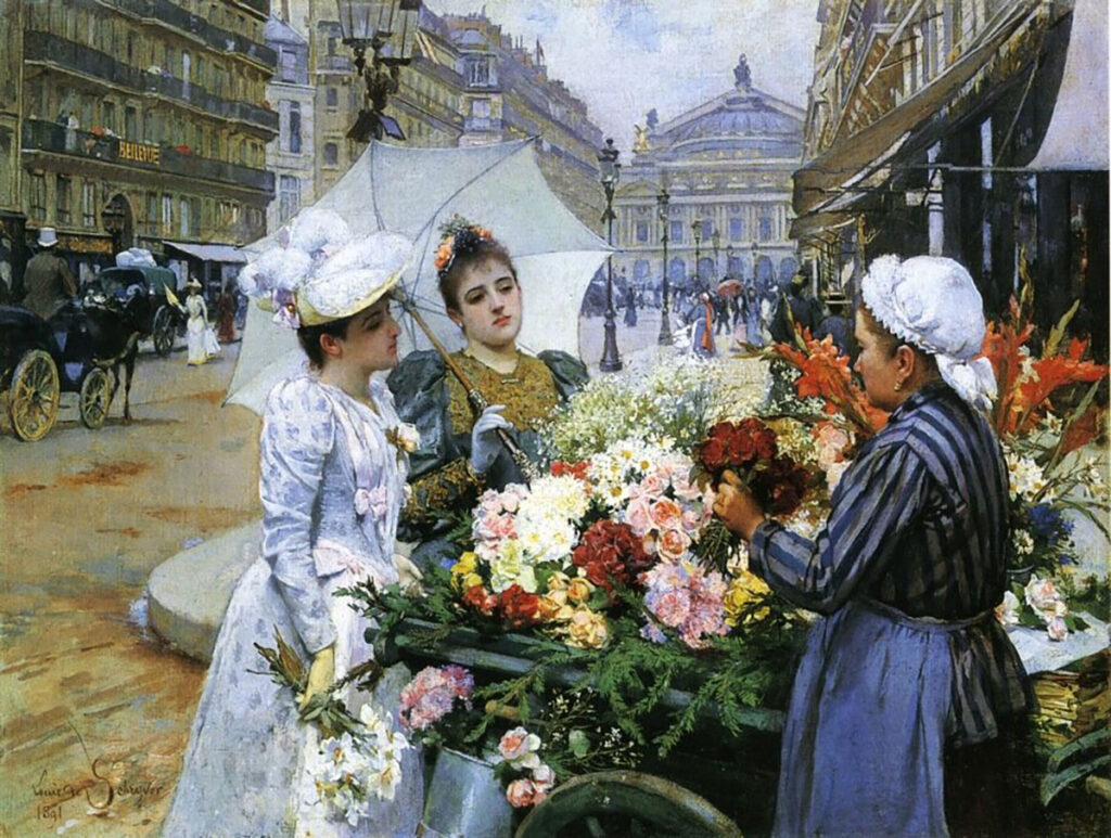 Period painting of Victorian women shopping for flowers